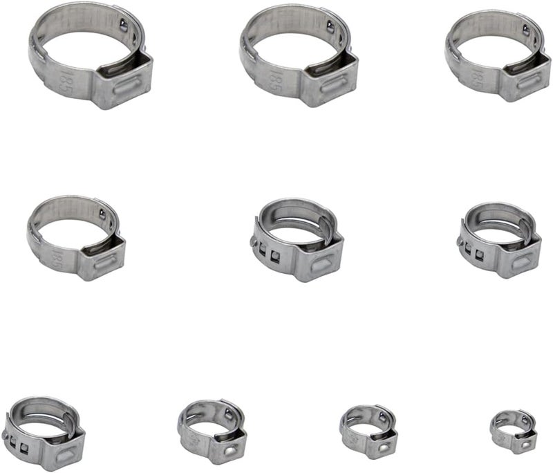 100pcs 10 Sizes Single Ear Hose Clamps Kit (5.8-30.1mm), 304 Stainless Steel Heavy Duty Cinch Clamp Rings Assortment for Fuel Line, Radiator, Vacuum Hose, Automotive & Plumbing
